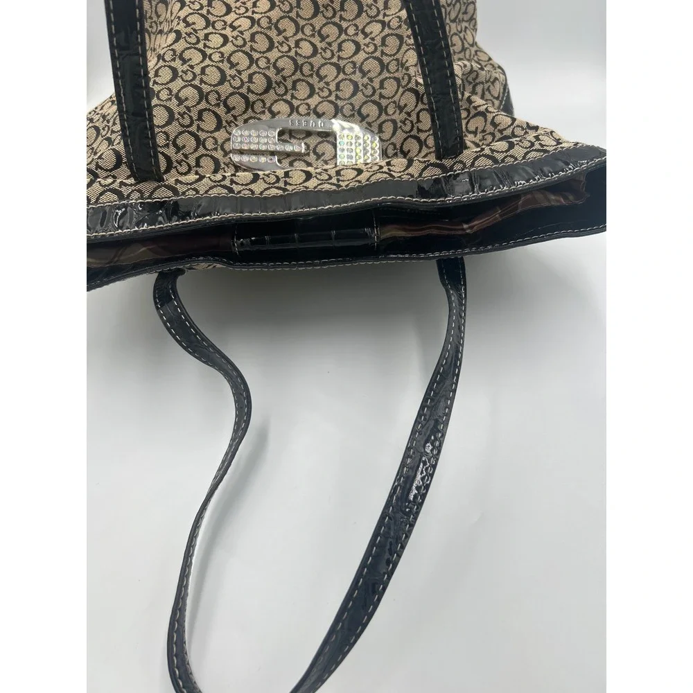 Guess Monogram Tote Bag Black Tan Canvas Rhinestone G Logo‎ Y2K Purse